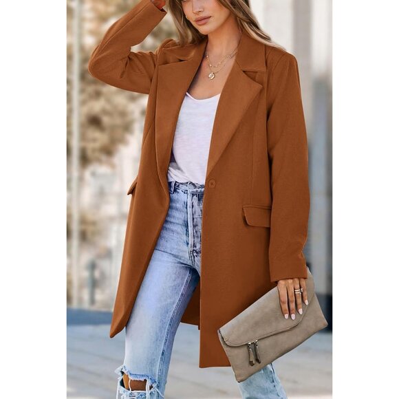 Women's Brown Fall Long Sleeve Lapel Pockets Loose Fit Casual Blazers Outerwear - Picture 9 of 9